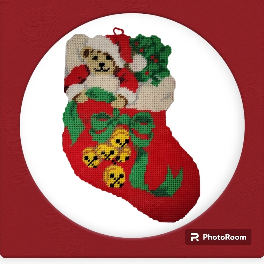 Vintage Christmas Stocking Needlepoint on Plastic Canvas Teddy Bear Wreath